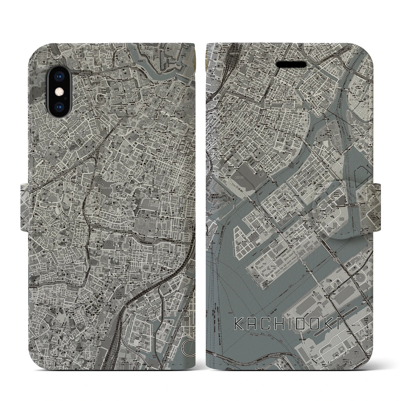 【勝どき(東京都)】地図柄iPhoneケース(手帳タイプ)モノトーン・iPhone XS / X 用
