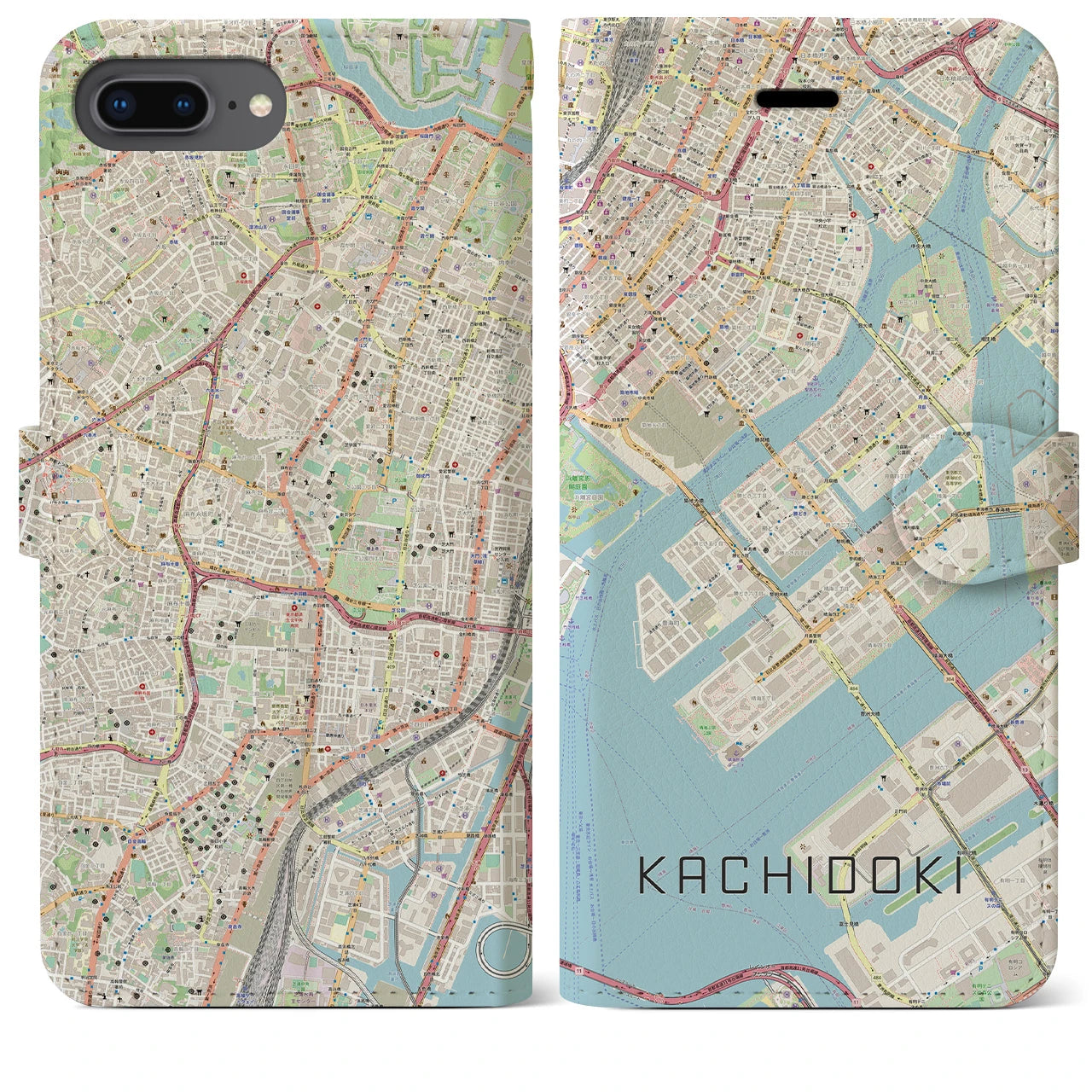 【勝どき(東京都)】地図柄iPhoneケース(手帳タイプ)ナチュラル・iPhone 8Plus /7Plus / 6sPlus / 6Plus 用