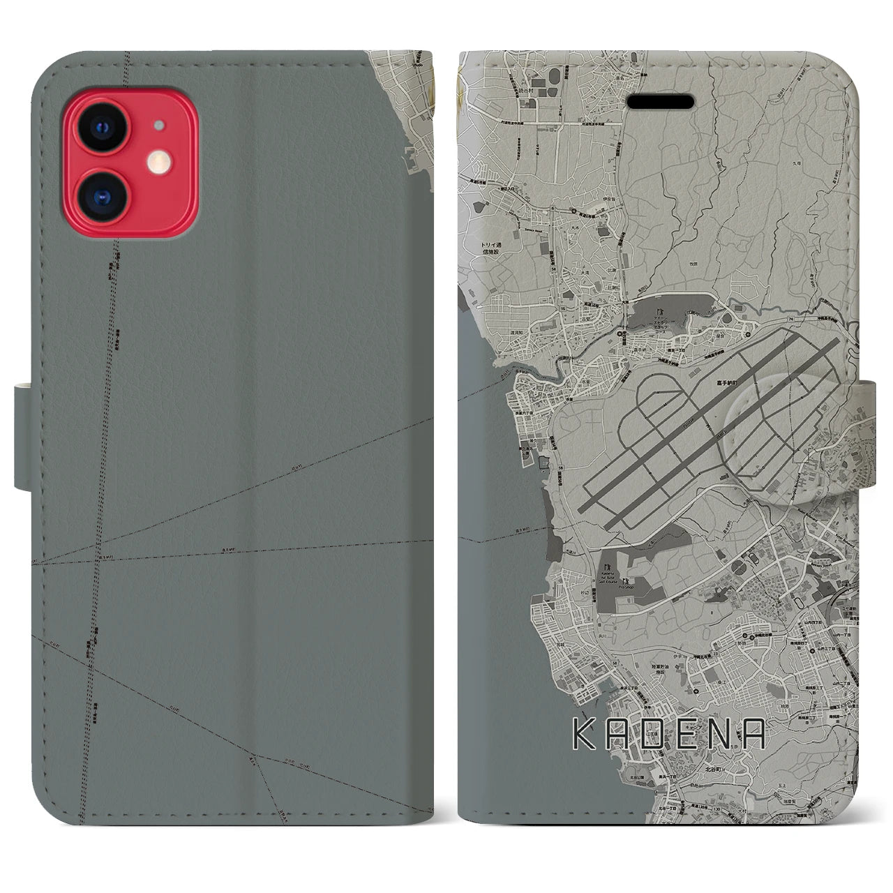 【嘉手納(沖縄県)】地図柄iPhoneケース(手帳タイプ)モノトーン・iPhone 11 用