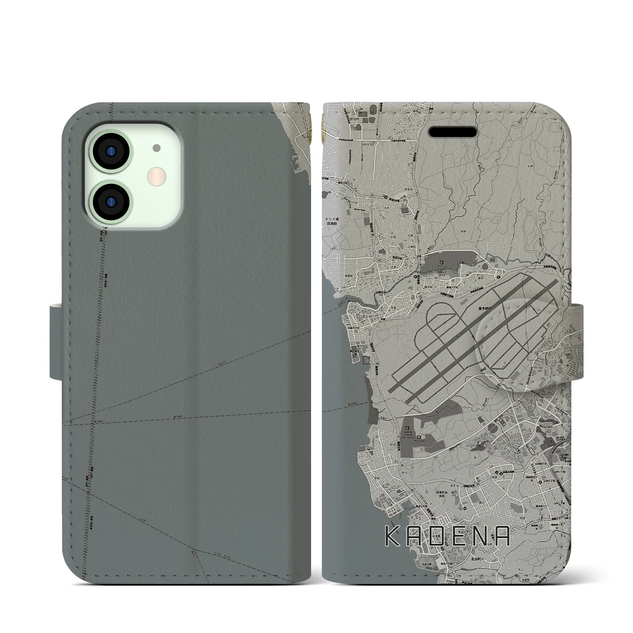 【嘉手納(沖縄県)】地図柄iPhoneケース(手帳タイプ)モノトーン・iPhone 12 mini 用