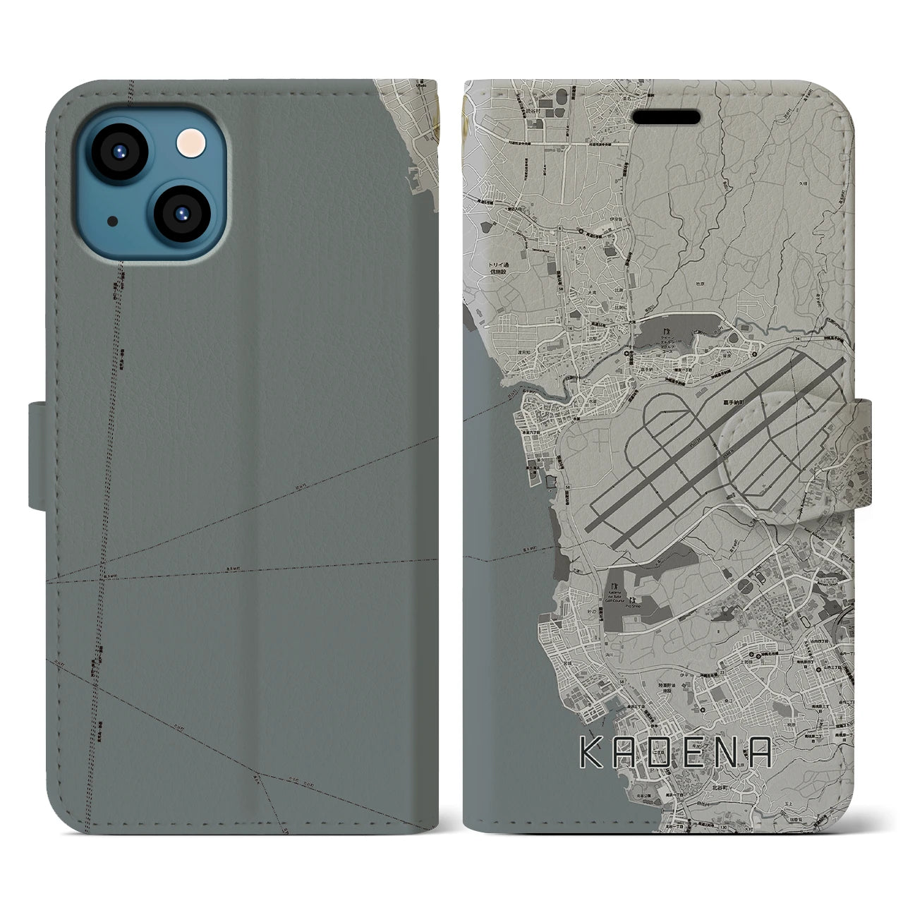 【嘉手納(沖縄県)】地図柄iPhoneケース(手帳タイプ)モノトーン・iPhone 13 用