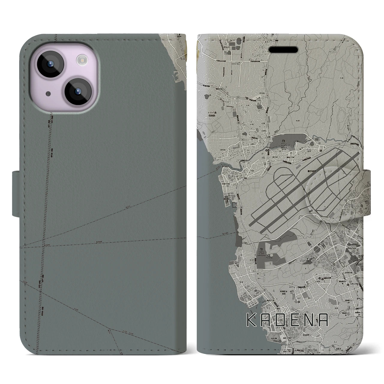 【嘉手納(沖縄県)】地図柄iPhoneケース(手帳タイプ)モノトーン・iPhone 14 用