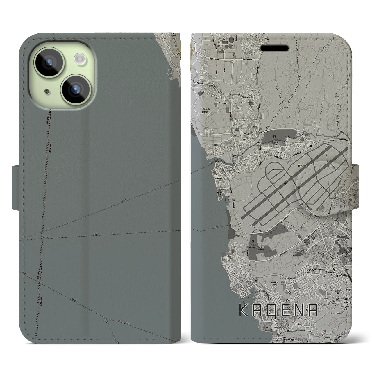 【嘉手納(沖縄県)】地図柄iPhoneケース(手帳タイプ)モノトーン・iPhone 15 用