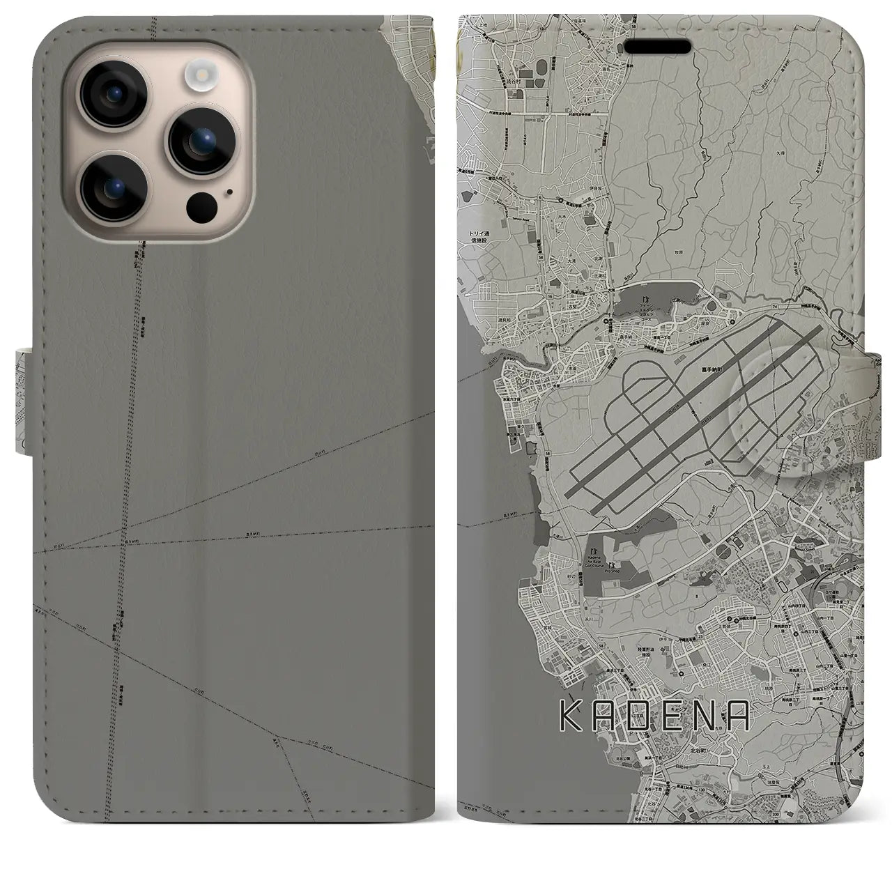 【嘉手納(沖縄県)】地図柄iPhoneケース(手帳タイプ)モノトーン・iPhone 16 Plus 用