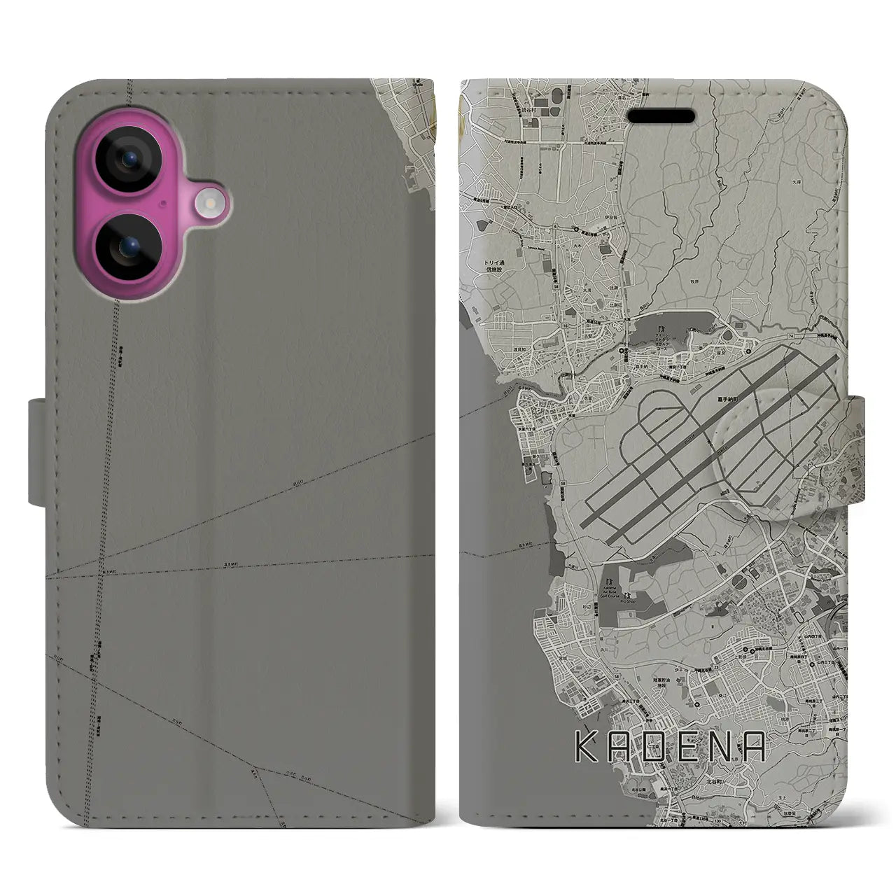 【嘉手納(沖縄県)】地図柄iPhoneケース(手帳タイプ)モノトーン・iPhone 16 Pro 用