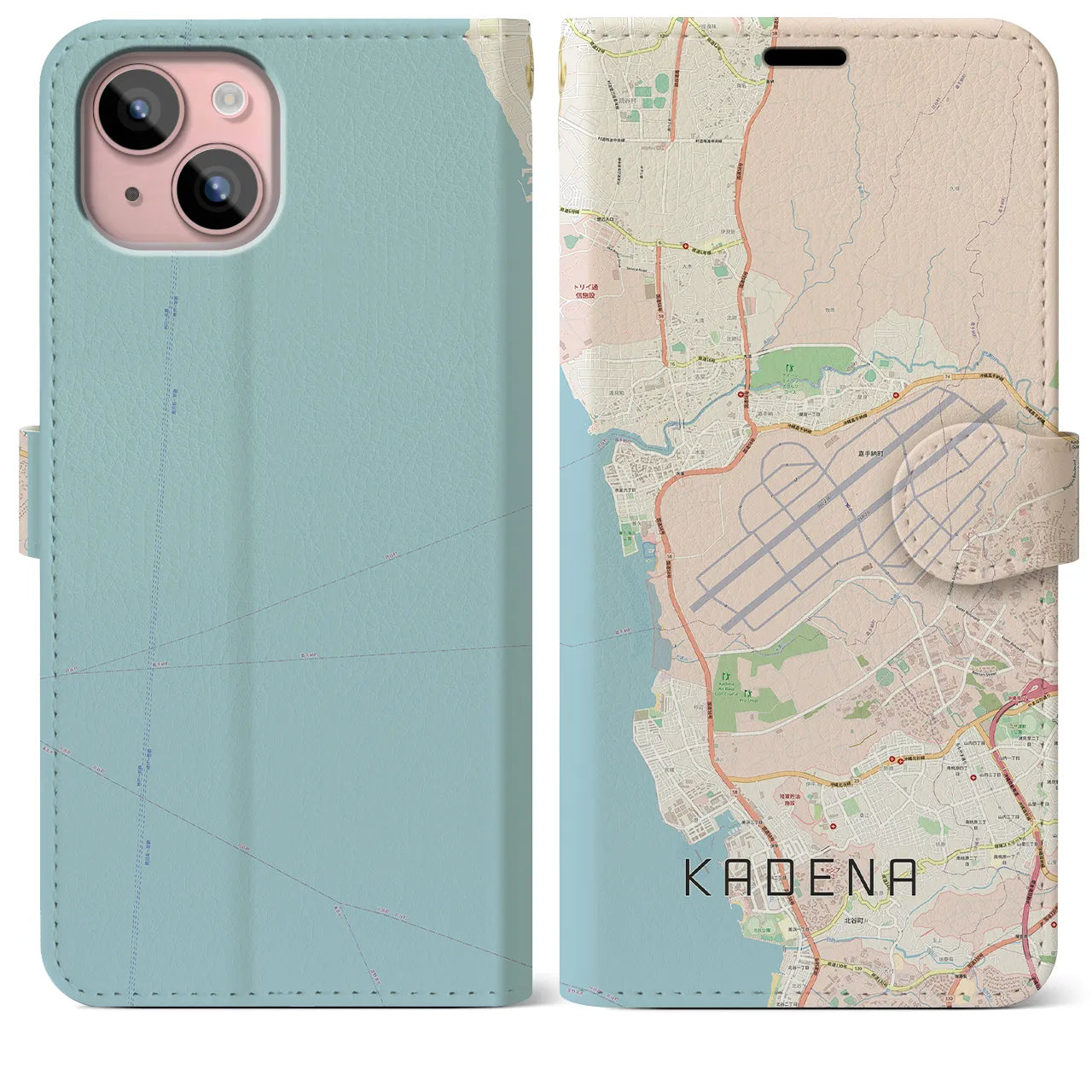 【嘉手納(沖縄県)】地図柄iPhoneケース(手帳タイプ)ナチュラル・iPhone 15 Plus 用
