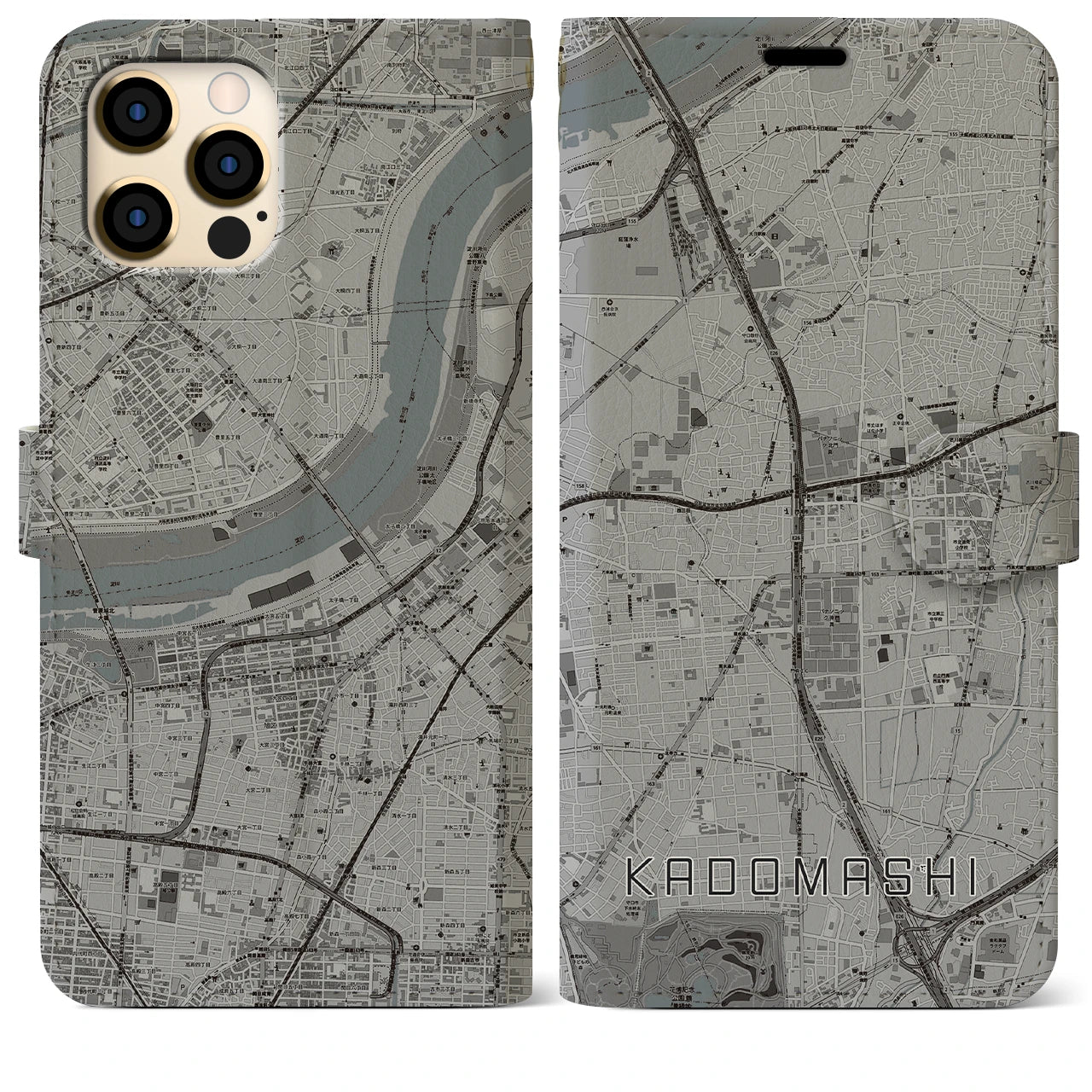 【門真市(大阪府)】地図柄iPhoneケース(手帳タイプ)モノトーン・iPhone 12 Pro Max 用