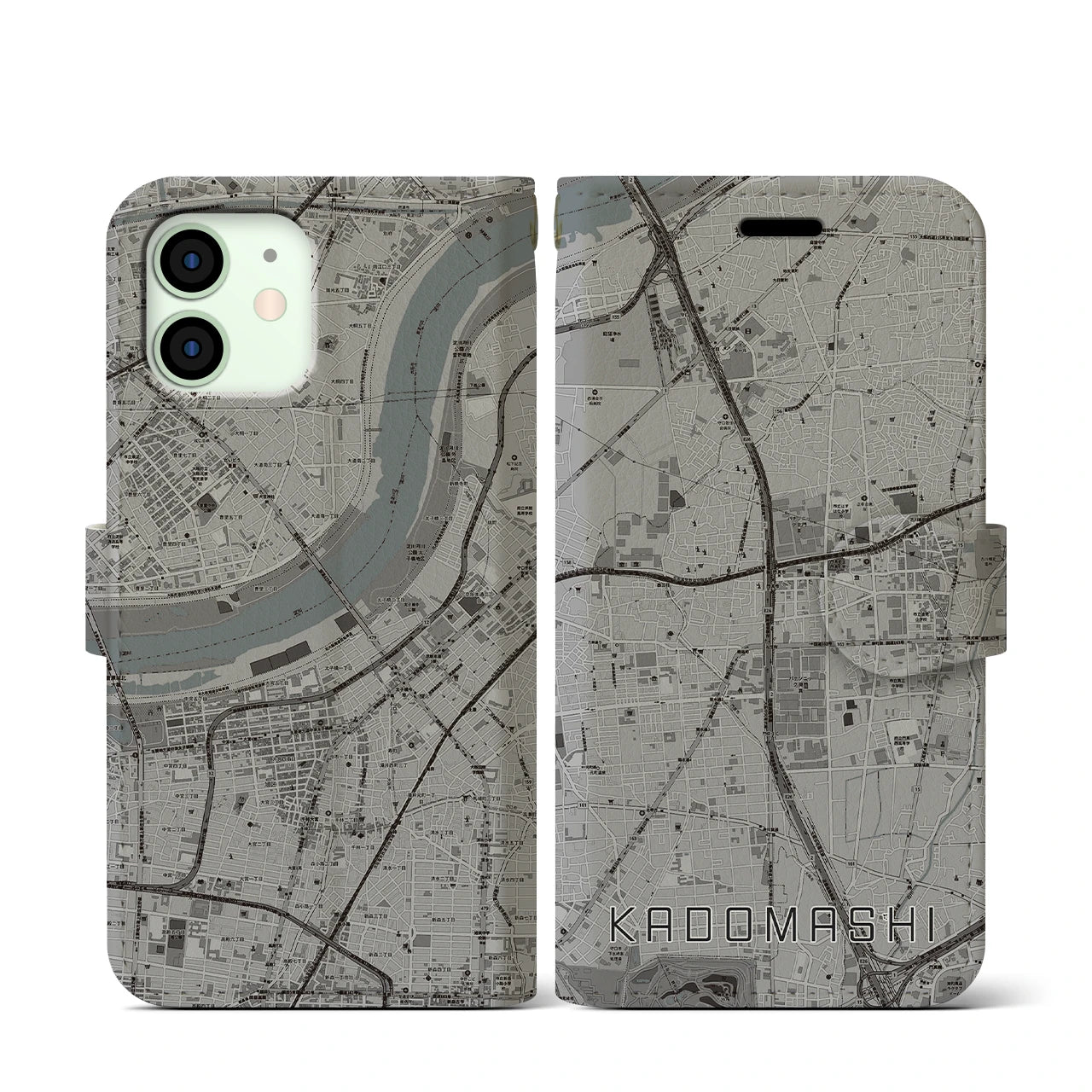【門真市(大阪府)】地図柄iPhoneケース(手帳タイプ)モノトーン・iPhone 12 mini 用