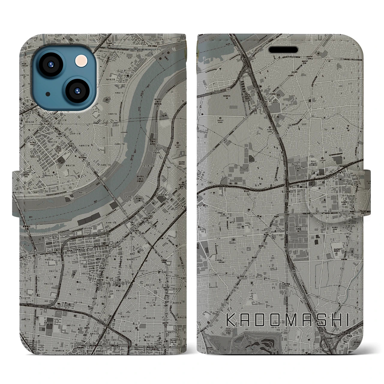 【門真市(大阪府)】地図柄iPhoneケース(手帳タイプ)モノトーン・iPhone 13 用