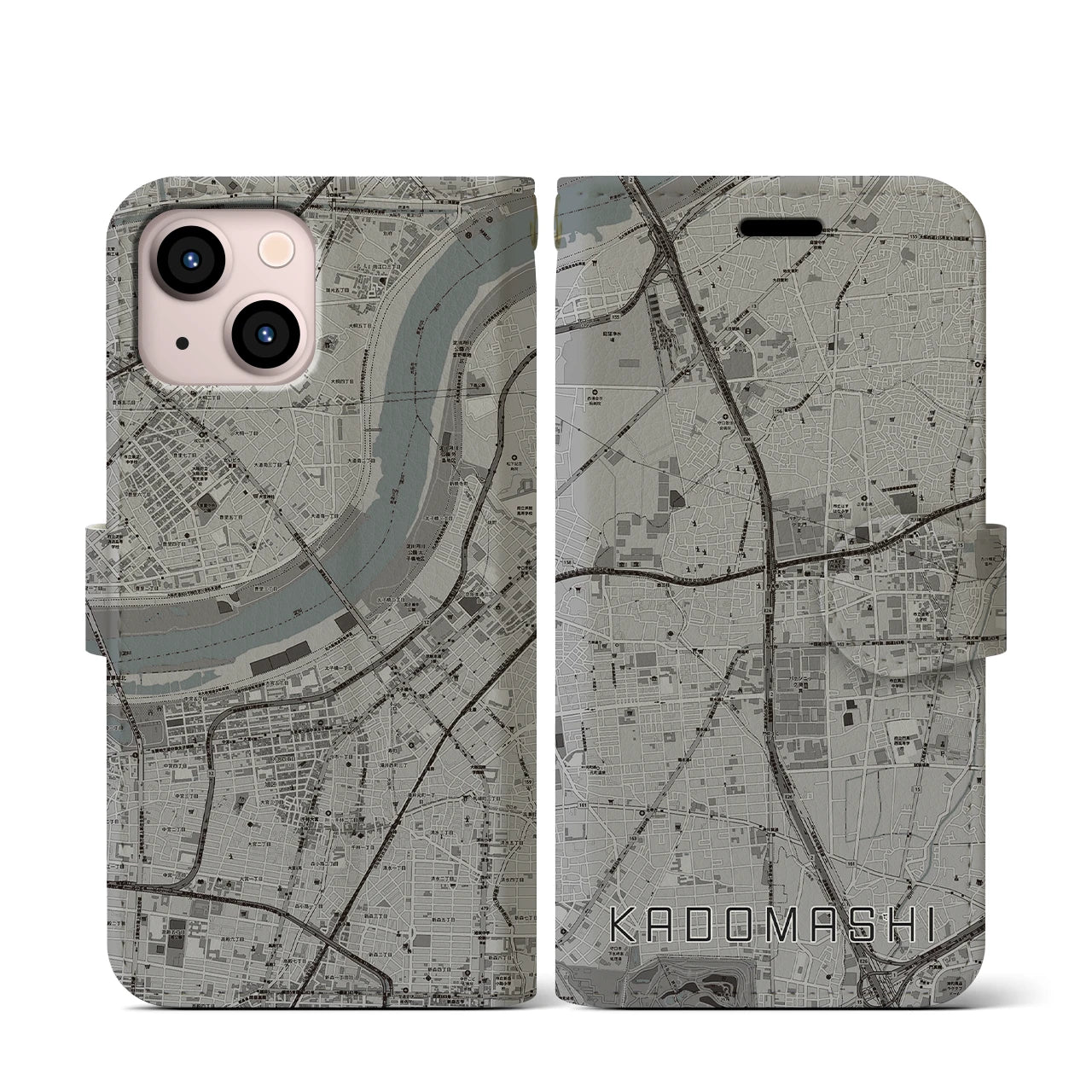 【門真市(大阪府)】地図柄iPhoneケース(手帳タイプ)モノトーン・iPhone 13 mini 用