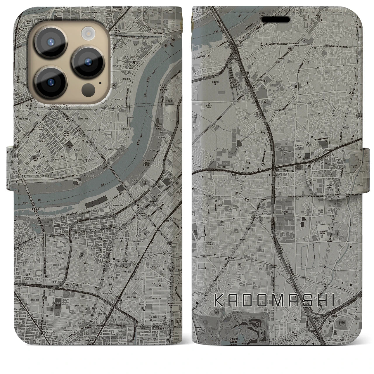 【門真市(大阪府)】地図柄iPhoneケース(手帳タイプ)モノトーン・iPhone 14 Pro Max 用