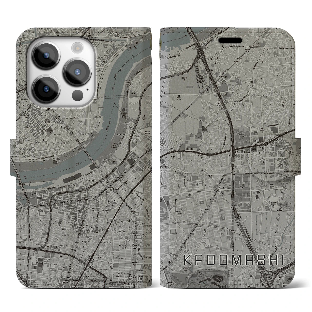 【門真市(大阪府)】地図柄iPhoneケース(手帳タイプ)モノトーン・iPhone 14 Pro 用