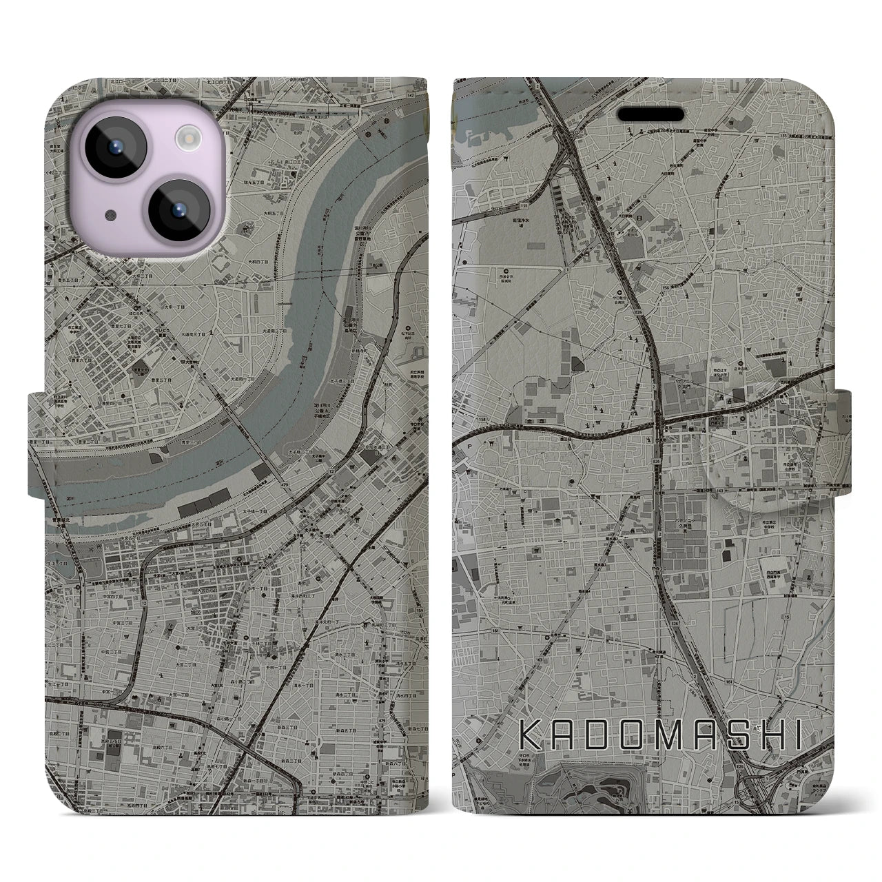 【門真市(大阪府)】地図柄iPhoneケース(手帳タイプ)モノトーン・iPhone 14 用