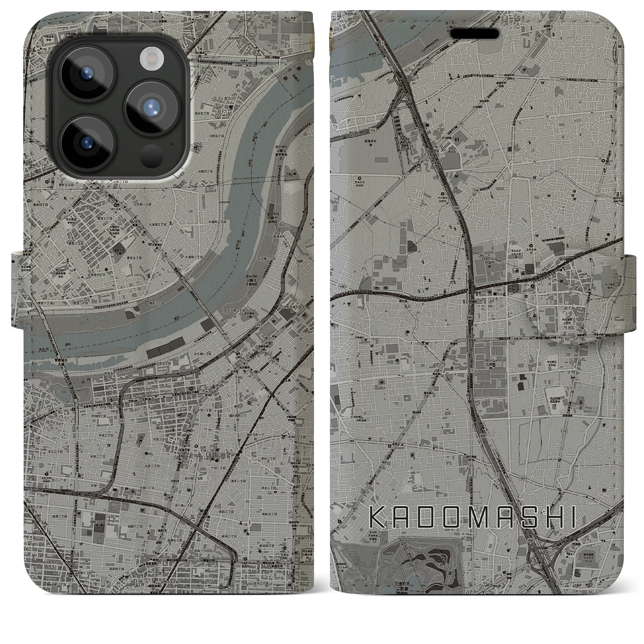 【門真市(大阪府)】地図柄iPhoneケース(手帳タイプ)モノトーン・iPhone 15 Pro Max 用