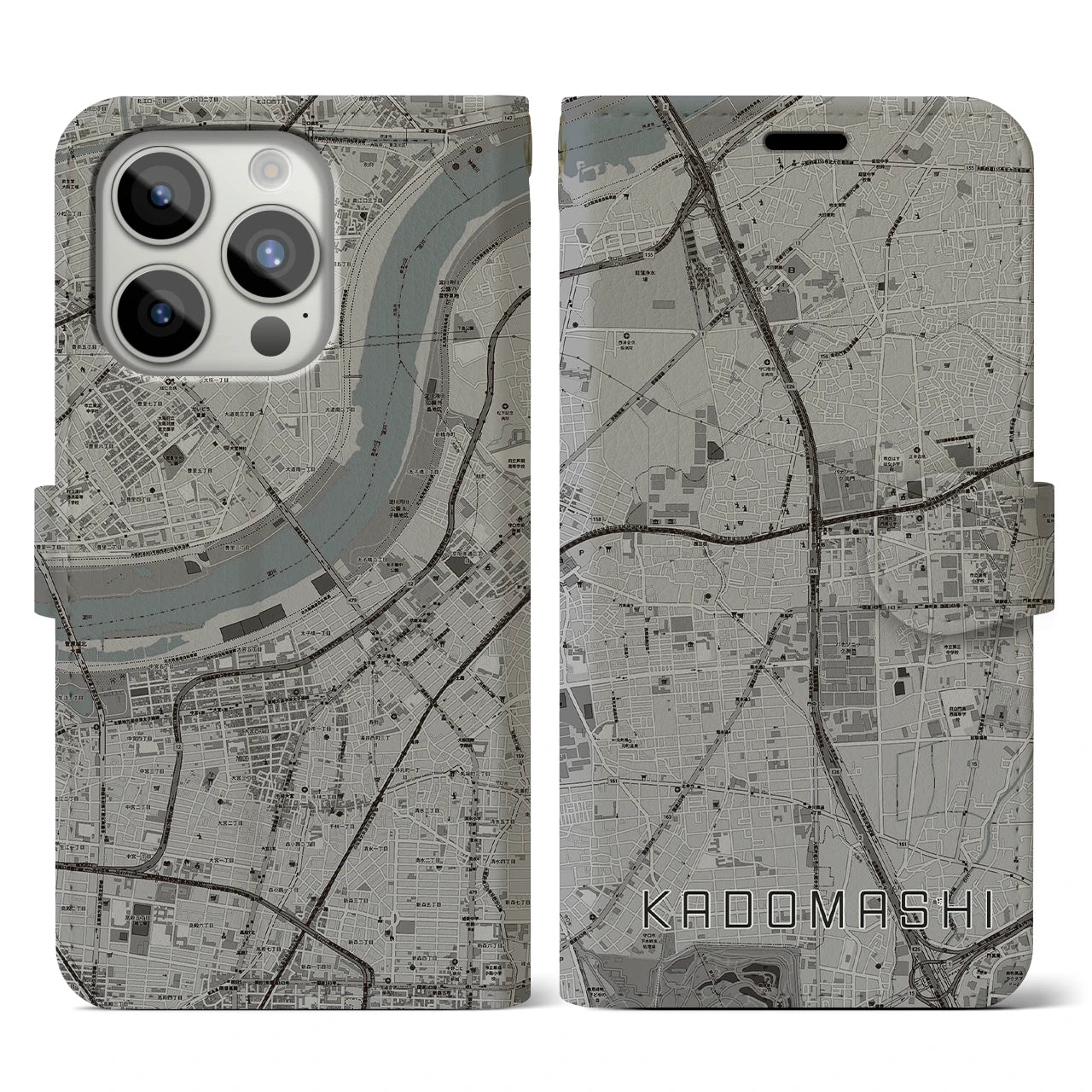 【門真市(大阪府)】地図柄iPhoneケース(手帳タイプ)モノトーン・iPhone 15 Pro 用