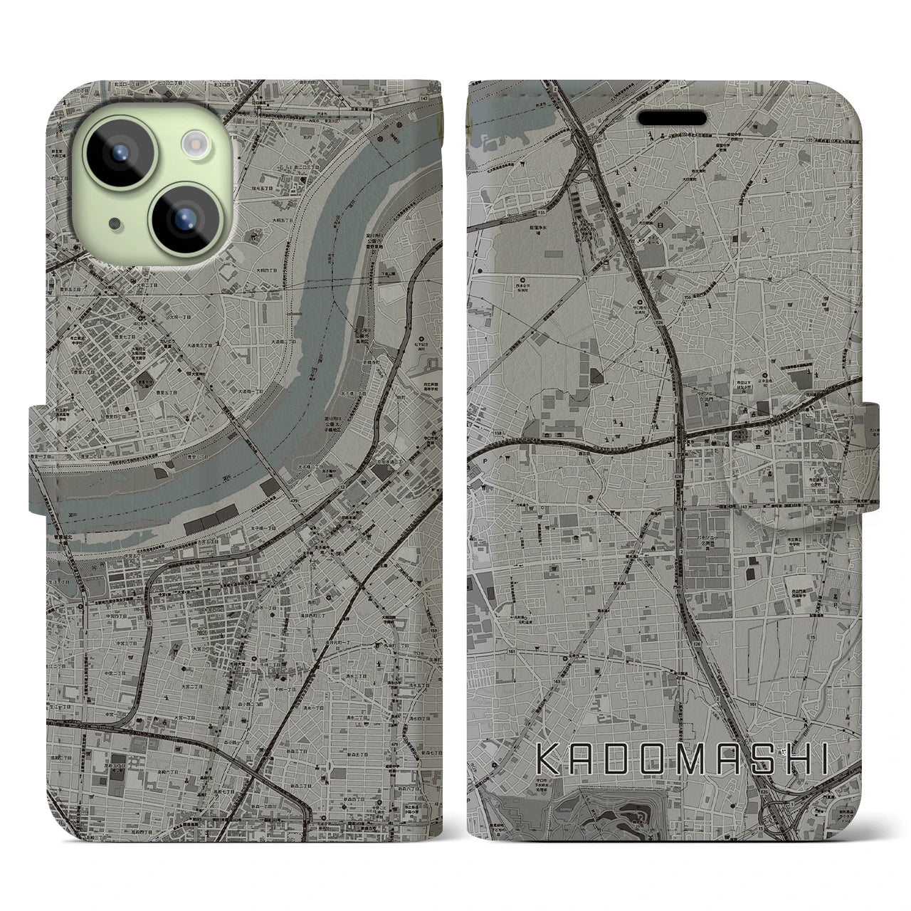 【門真市(大阪府)】地図柄iPhoneケース(手帳タイプ)モノトーン・iPhone 15 用