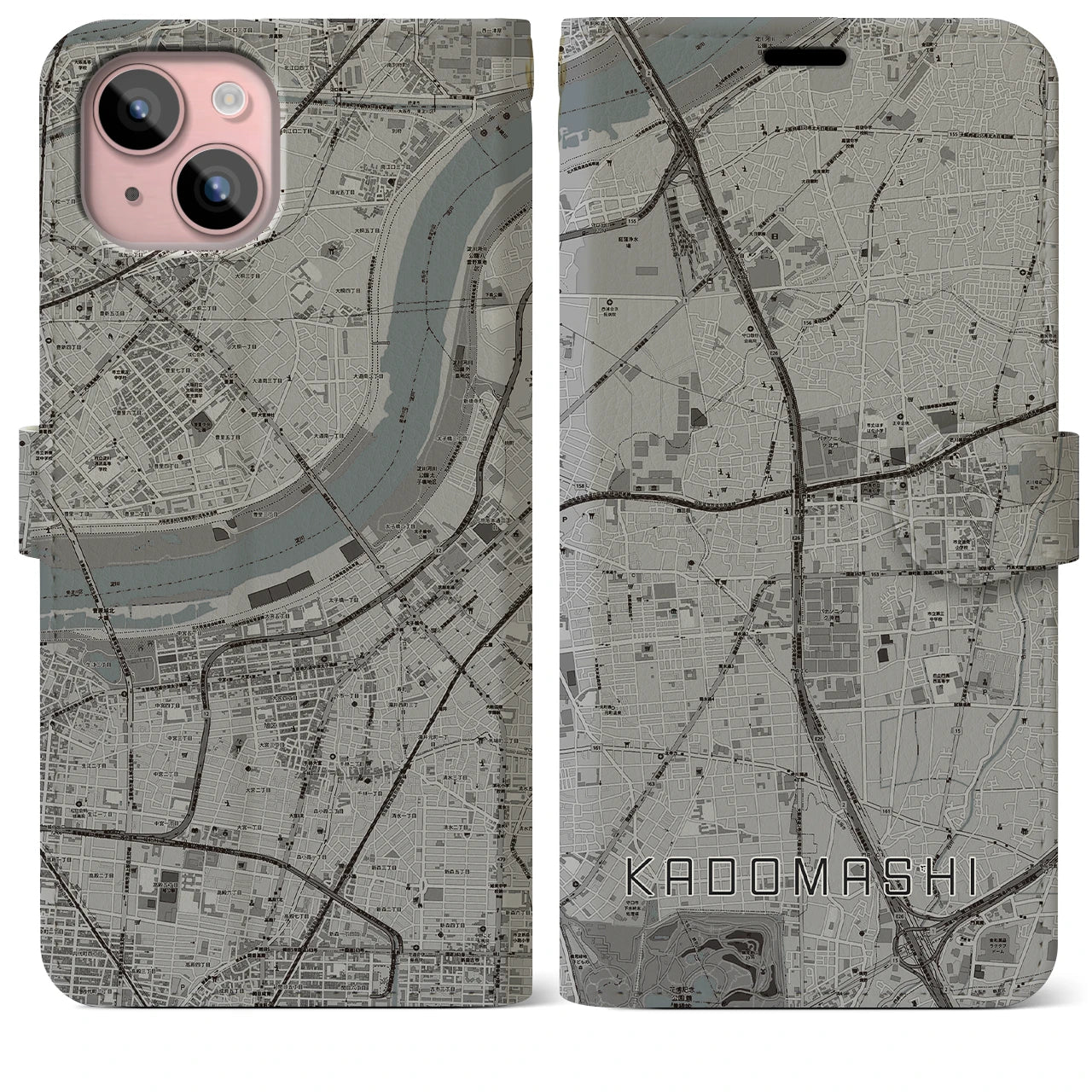 【門真市(大阪府)】地図柄iPhoneケース(手帳タイプ)モノトーン・iPhone 15 Plus 用