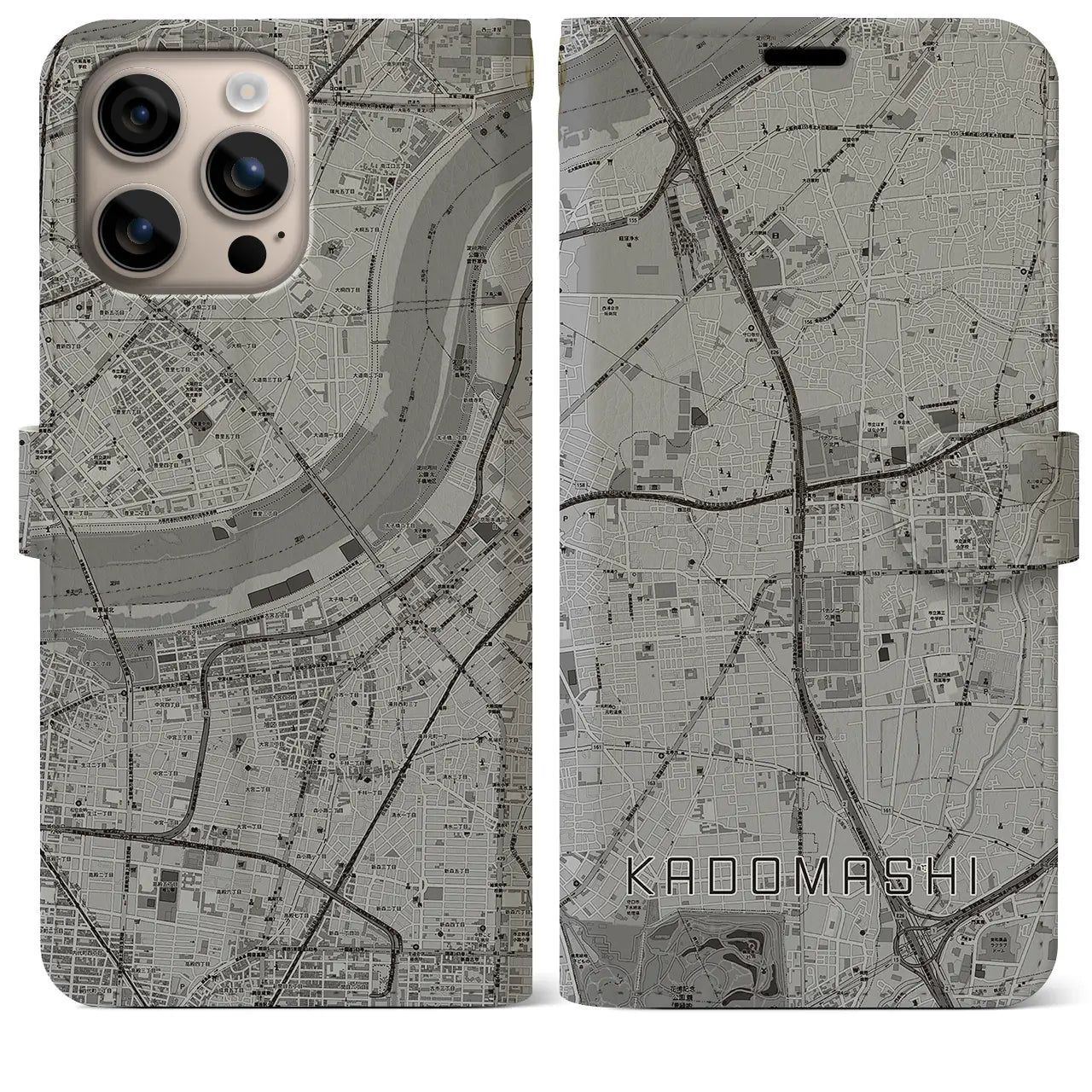 【門真市(大阪府)】地図柄iPhoneケース(手帳タイプ)モノトーン・iPhone 16 Plus 用