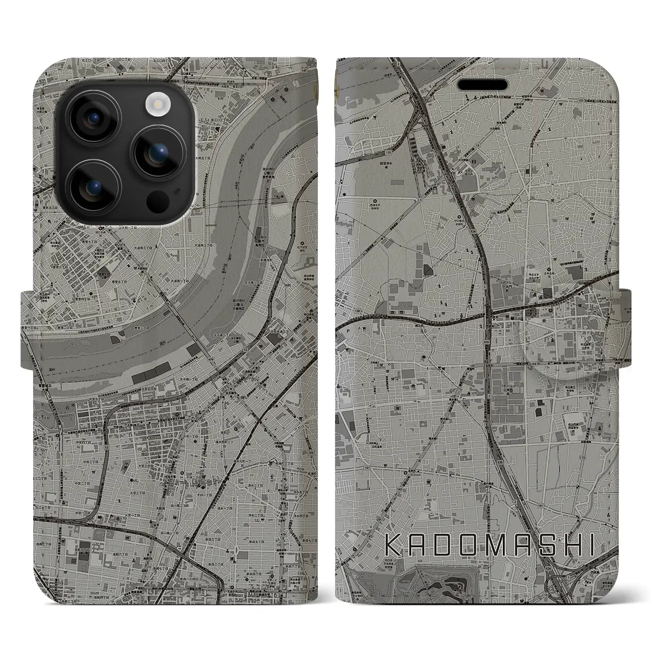 【門真市(大阪府)】地図柄iPhoneケース(手帳タイプ)モノトーン・iPhone 16 用