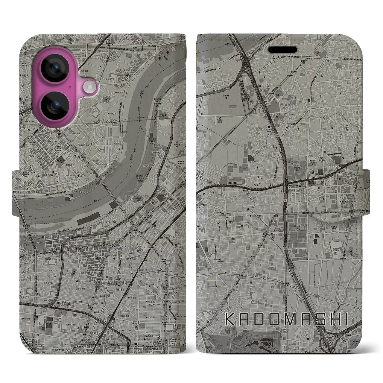【門真市(大阪府)】地図柄iPhoneケース(手帳タイプ)モノトーン・iPhone 16 Pro 用