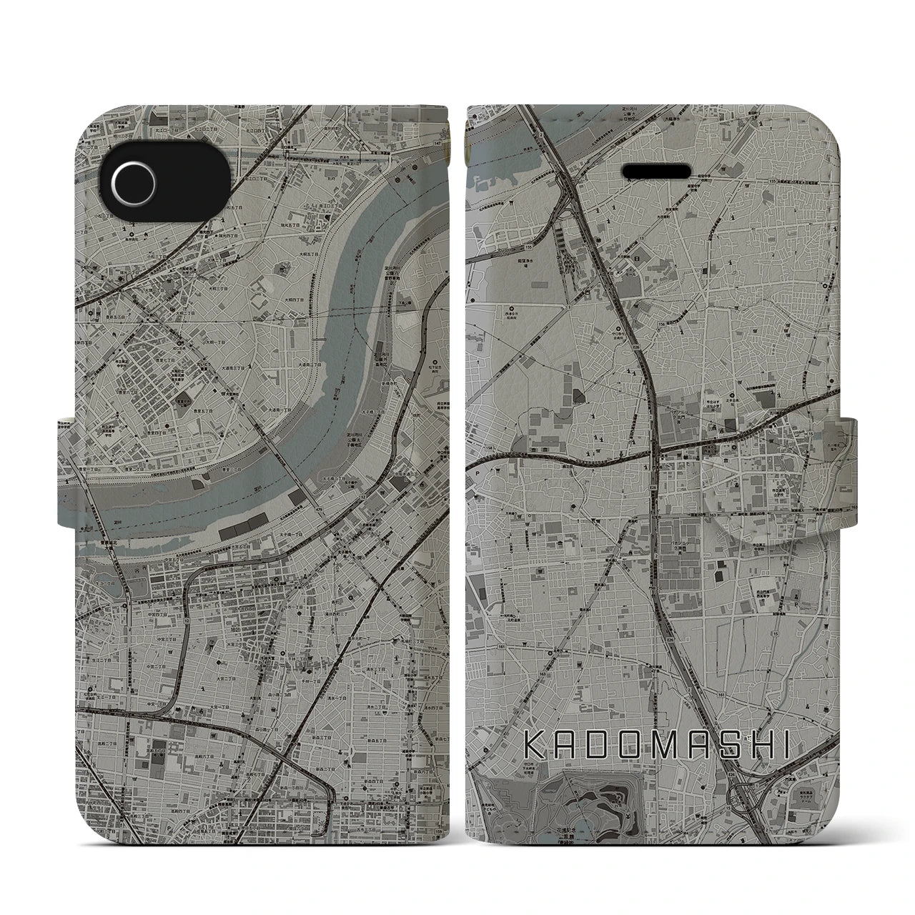 【門真市(大阪府)】地図柄iPhoneケース(手帳タイプ)モノトーン・iPhone SE(第3 / 第2世代) / 8 / 7 / 6s / 6 用