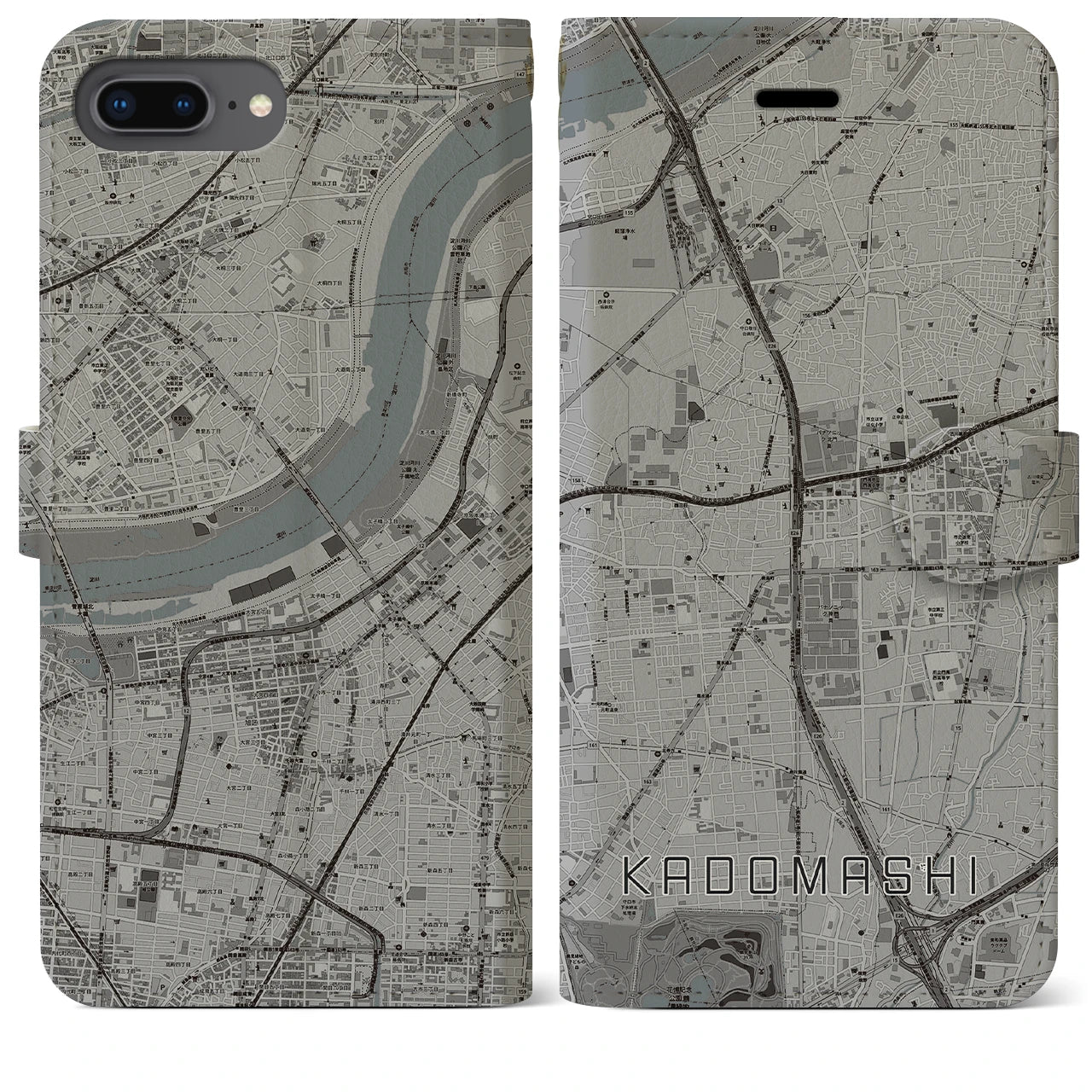 【門真市(大阪府)】地図柄iPhoneケース(手帳タイプ)モノトーン・iPhone 8Plus /7Plus / 6sPlus / 6Plus 用