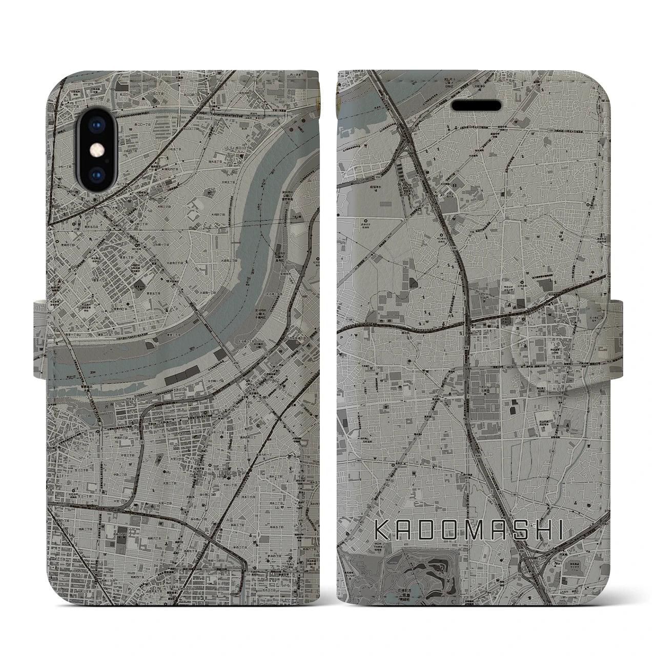 【門真市(大阪府)】地図柄iPhoneケース(手帳タイプ)モノトーン・iPhone XS / X 用