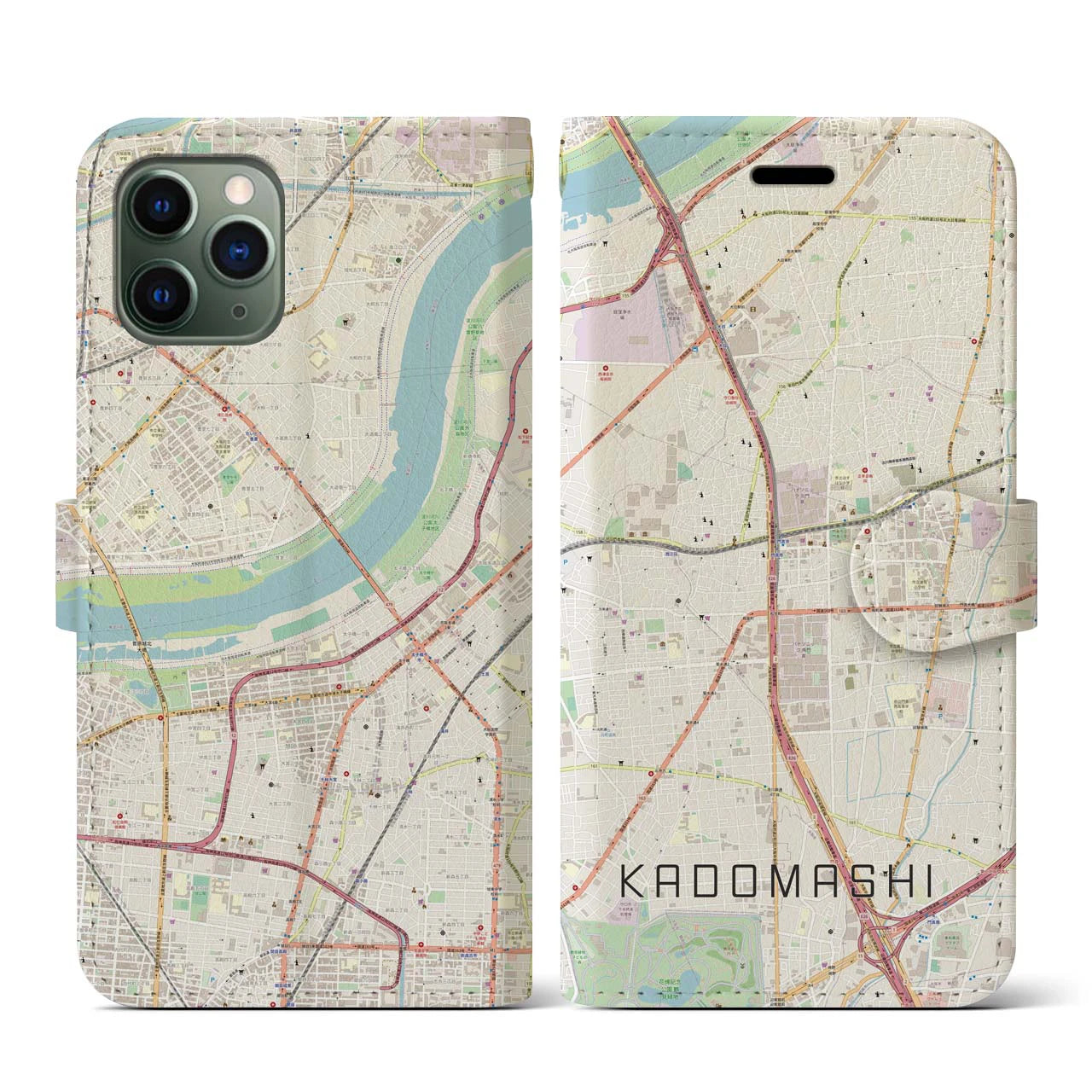 【門真市(大阪府)】地図柄iPhoneケース(手帳タイプ)ナチュラル・iPhone 11 Pro 用