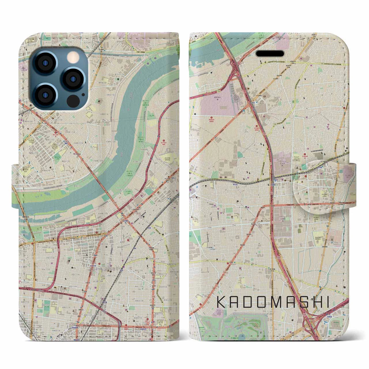 【門真市(大阪府)】地図柄iPhoneケース(手帳タイプ)ナチュラル・iPhone 12 / 12 Pro 用