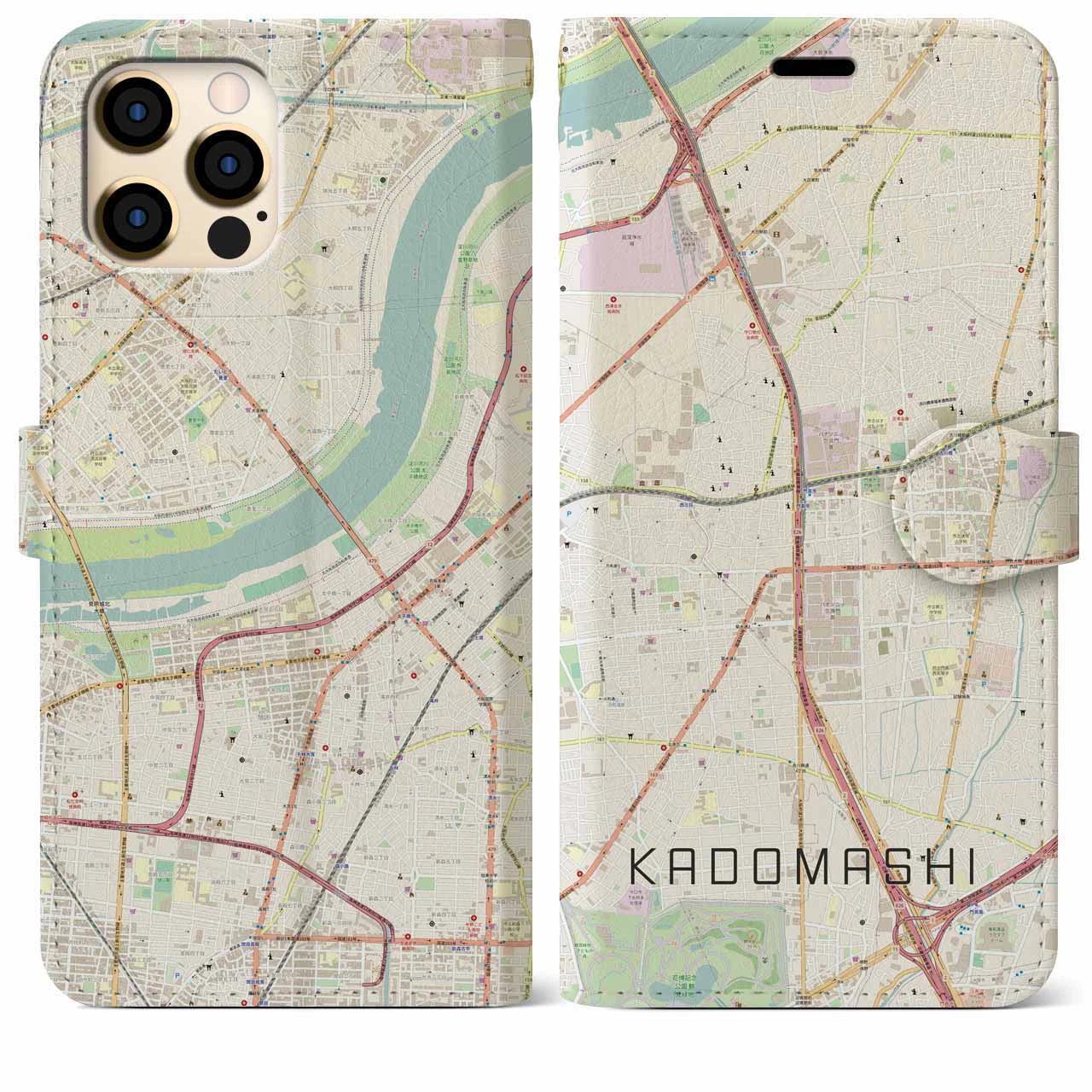 【門真市(大阪府)】地図柄iPhoneケース(手帳タイプ)ナチュラル・iPhone 12 Pro Max 用