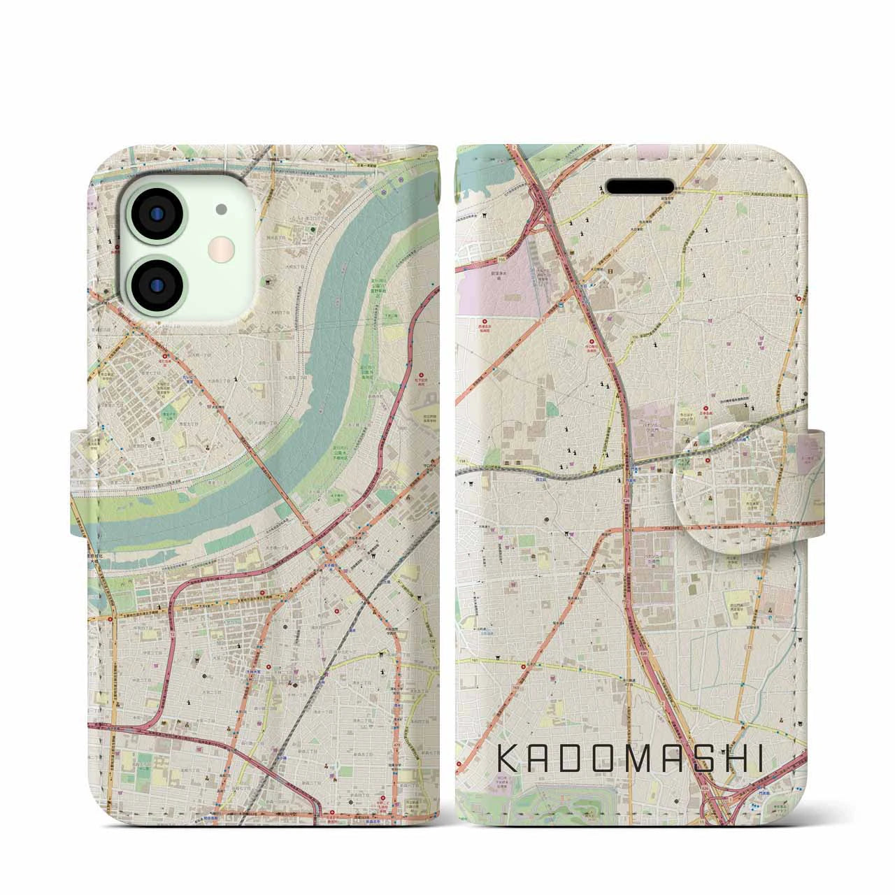 【門真市(大阪府)】地図柄iPhoneケース(手帳タイプ)ナチュラル・iPhone 12 mini 用