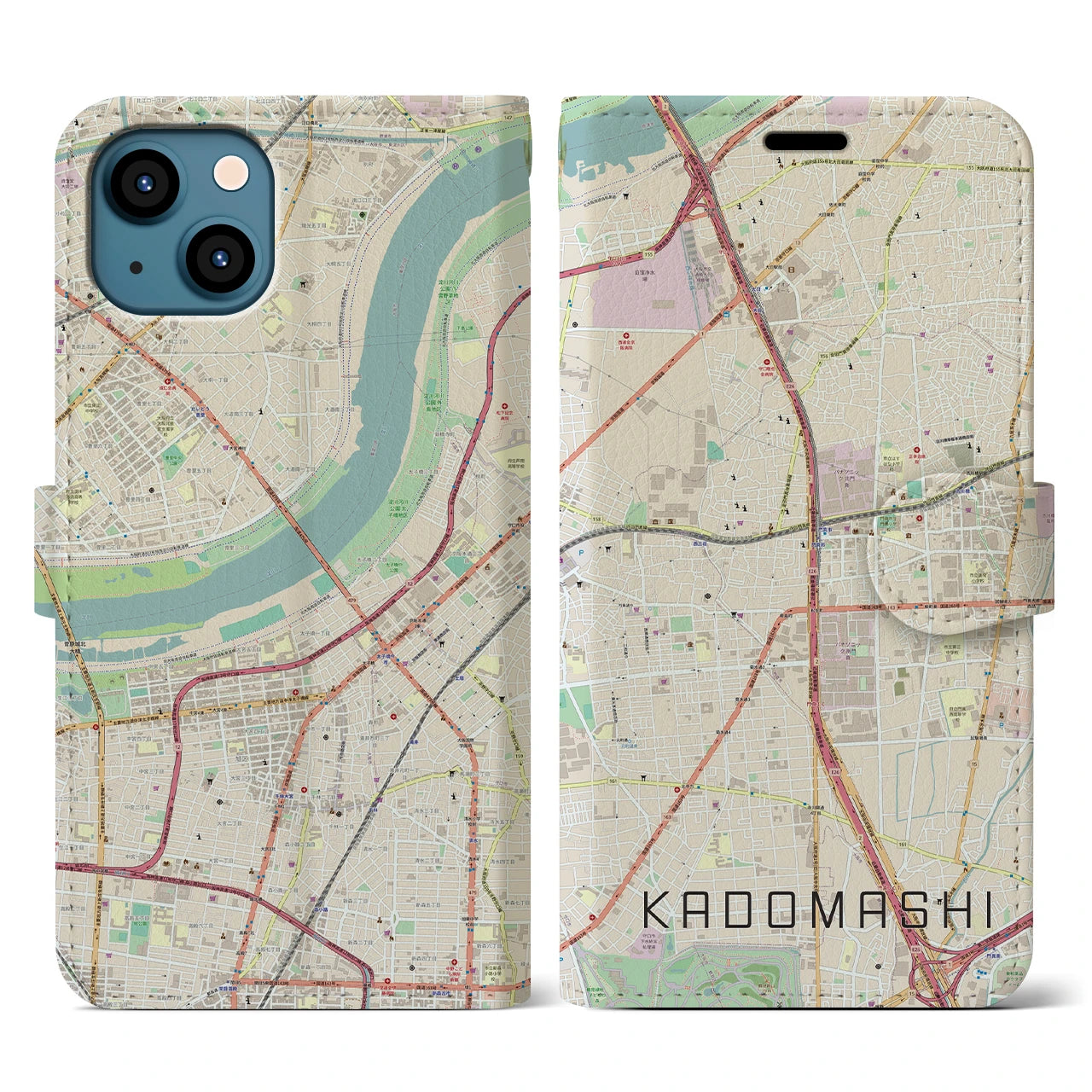 【門真市(大阪府)】地図柄iPhoneケース(手帳タイプ)ナチュラル・iPhone 13 用