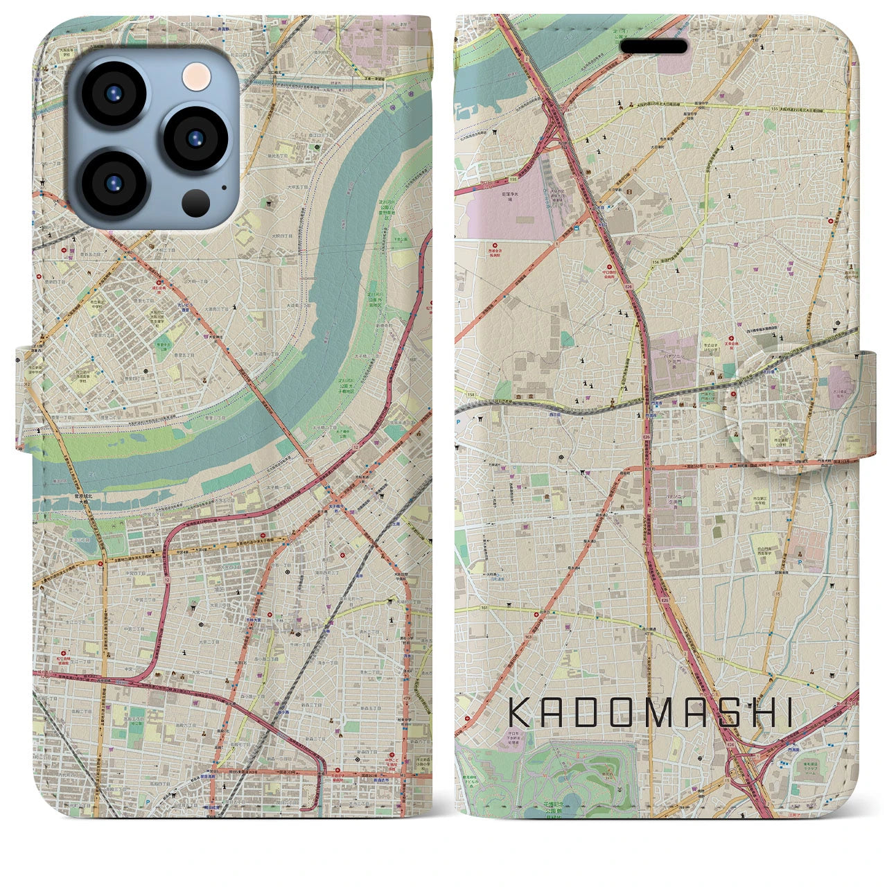 【門真市(大阪府)】地図柄iPhoneケース(手帳タイプ)ナチュラル・iPhone 13 Pro Max 用