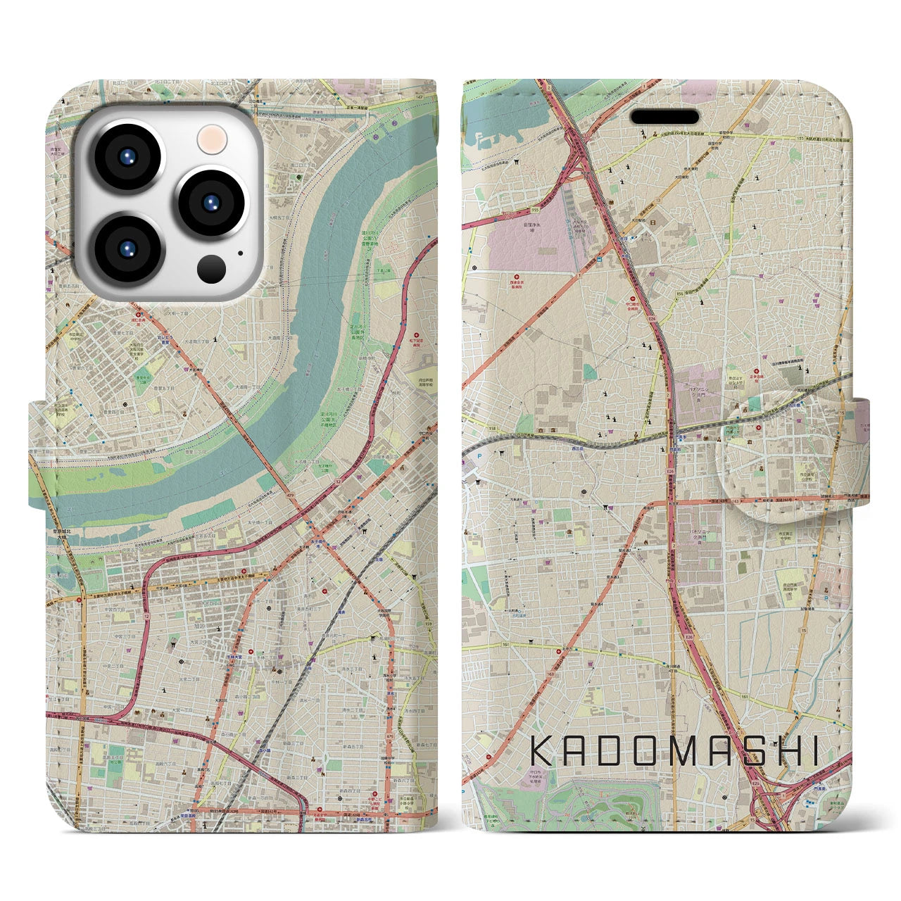 【門真市(大阪府)】地図柄iPhoneケース(手帳タイプ)ナチュラル・iPhone 13 Pro 用