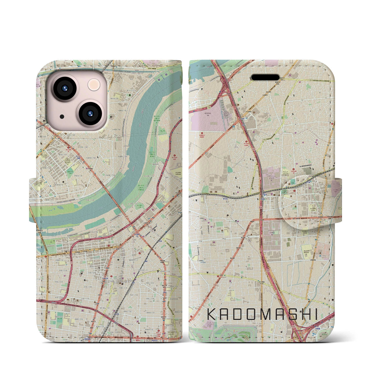 【門真市(大阪府)】地図柄iPhoneケース(手帳タイプ)ナチュラル・iPhone 13 mini 用