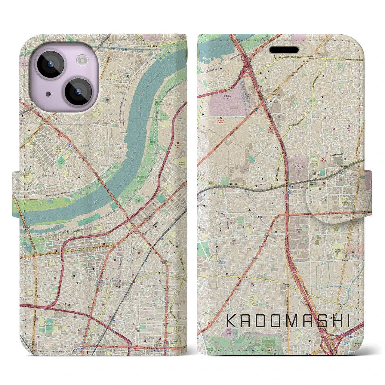 【門真市(大阪府)】地図柄iPhoneケース(手帳タイプ)ナチュラル・iPhone 14 用