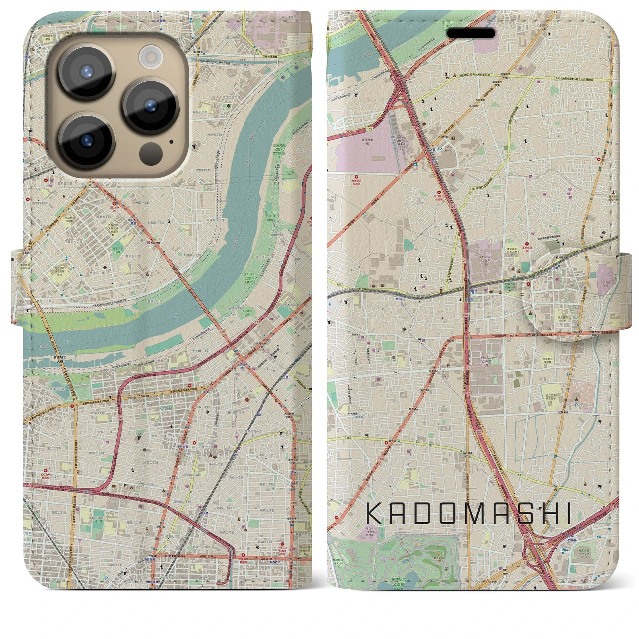 【門真市(大阪府)】地図柄iPhoneケース(手帳タイプ)ナチュラル・iPhone 14 Pro Max 用