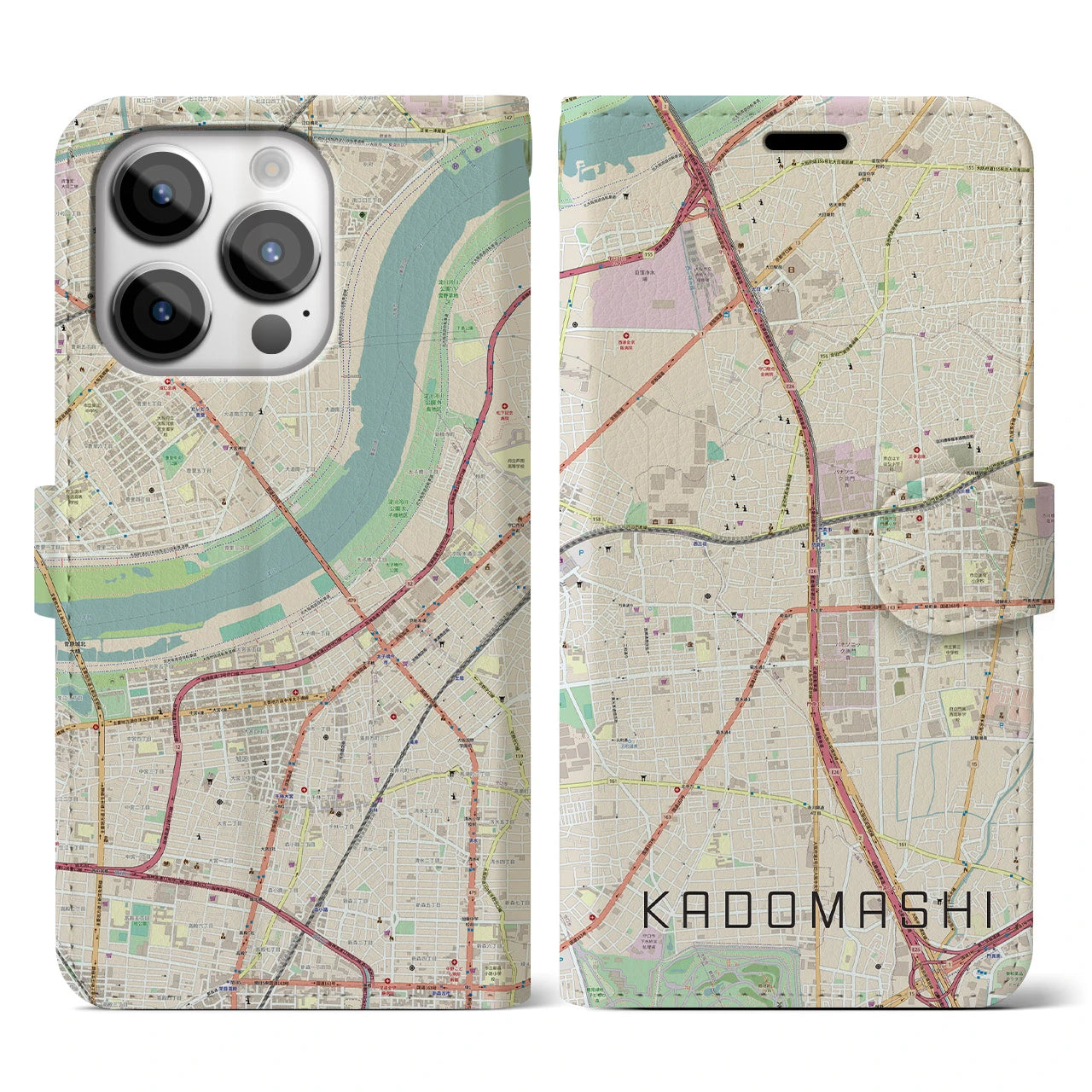 【門真市(大阪府)】地図柄iPhoneケース(手帳タイプ)ナチュラル・iPhone 14 Pro 用