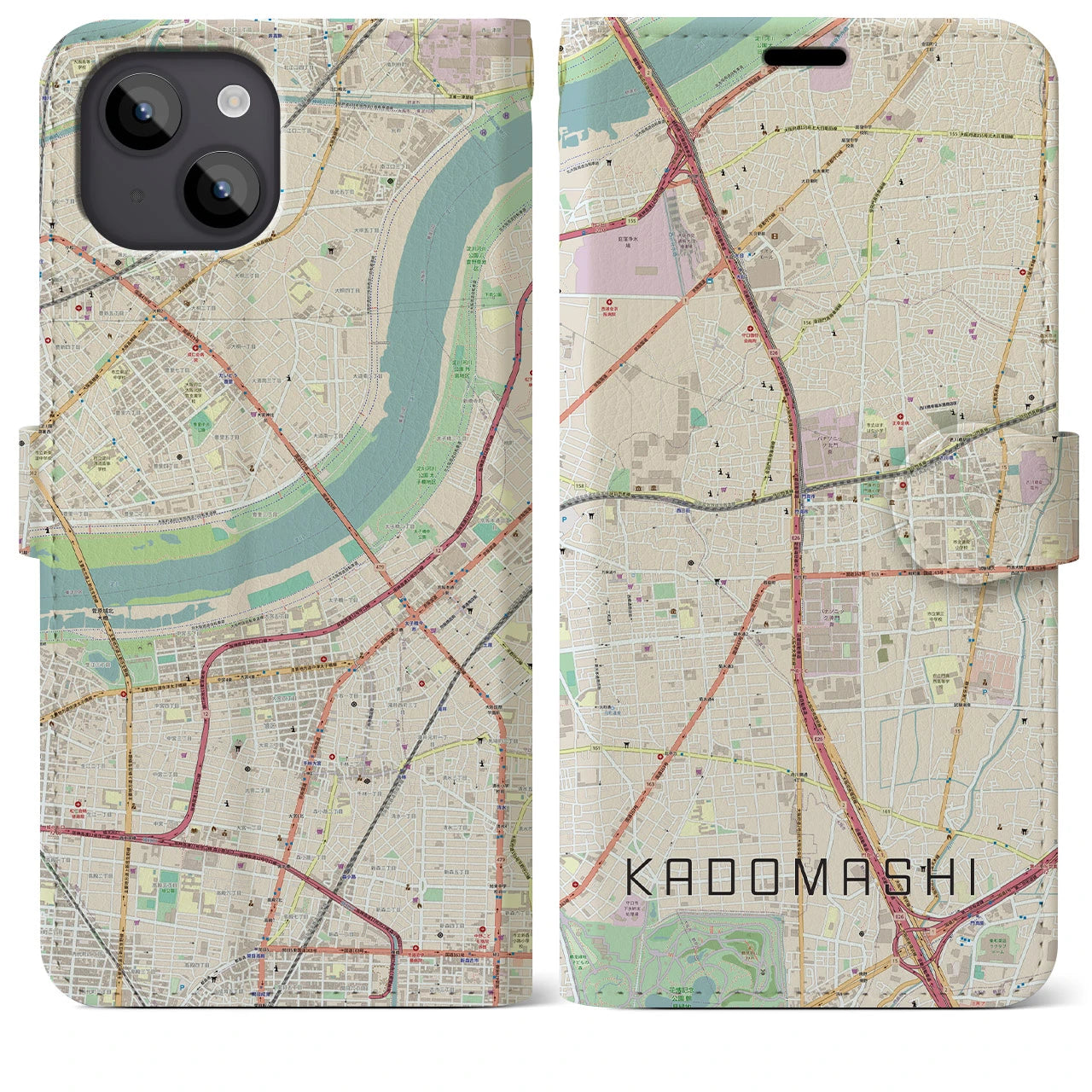 【門真市(大阪府)】地図柄iPhoneケース(手帳タイプ)ナチュラル・iPhone 14 Plus 用