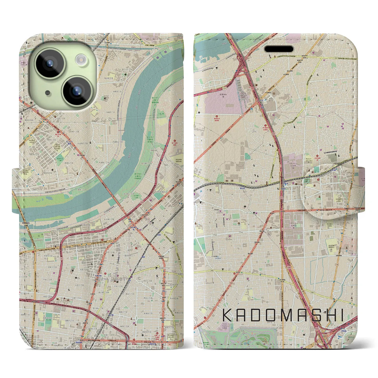 【門真市(大阪府)】地図柄iPhoneケース(手帳タイプ)ナチュラル・iPhone 15 用