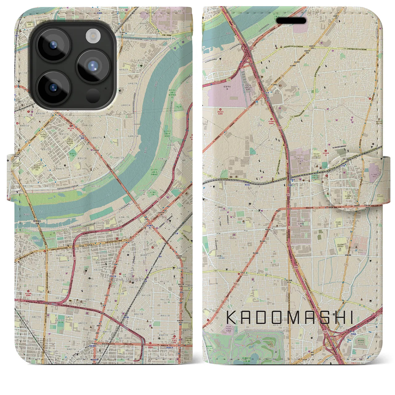 【門真市(大阪府)】地図柄iPhoneケース(手帳タイプ)ナチュラル・iPhone 15 Pro Max 用