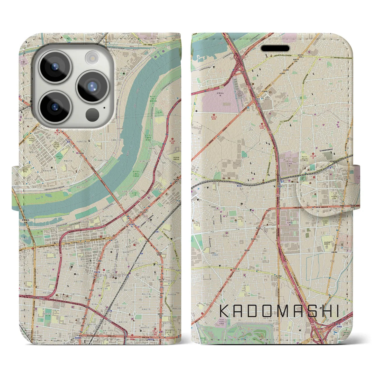 【門真市(大阪府)】地図柄iPhoneケース(手帳タイプ)ナチュラル・iPhone 15 Pro 用