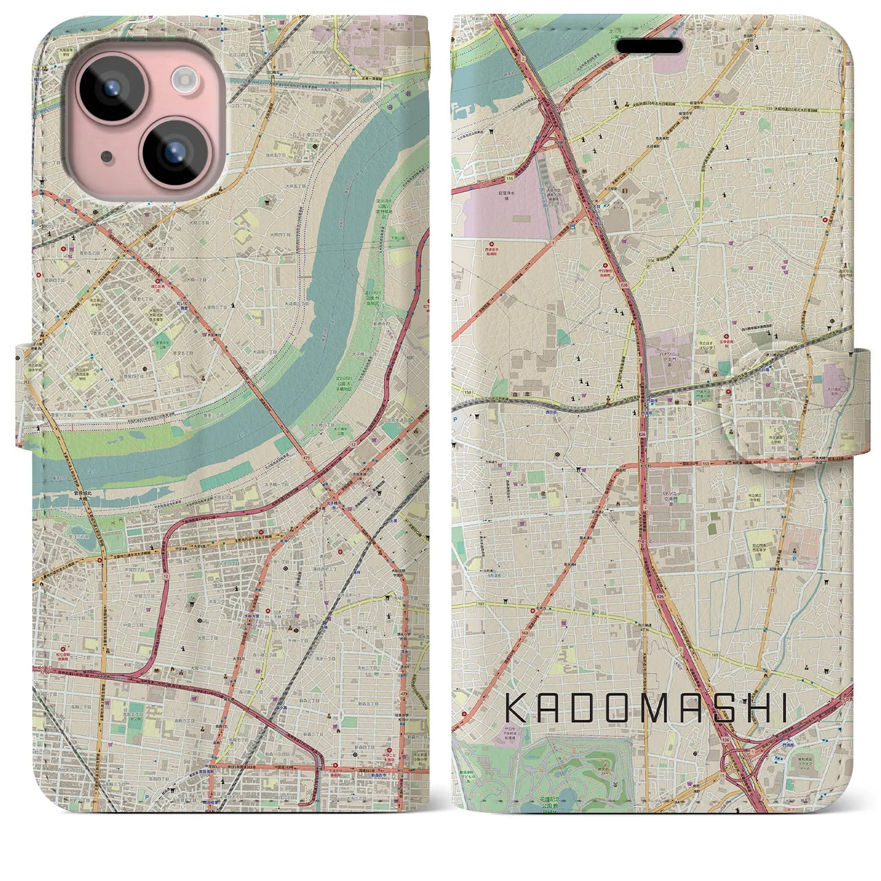 【門真市(大阪府)】地図柄iPhoneケース(手帳タイプ)ナチュラル・iPhone 15 Plus 用