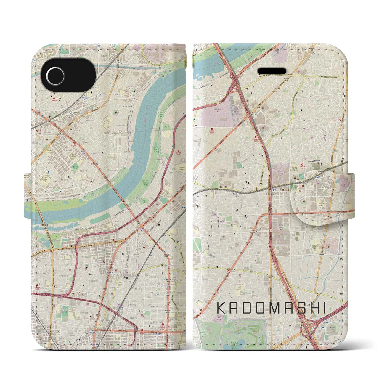 【門真市(大阪府)】地図柄iPhoneケース(手帳タイプ)ナチュラル・iPhone SE(第3 / 第2世代) / 8 / 7 / 6s / 6 用