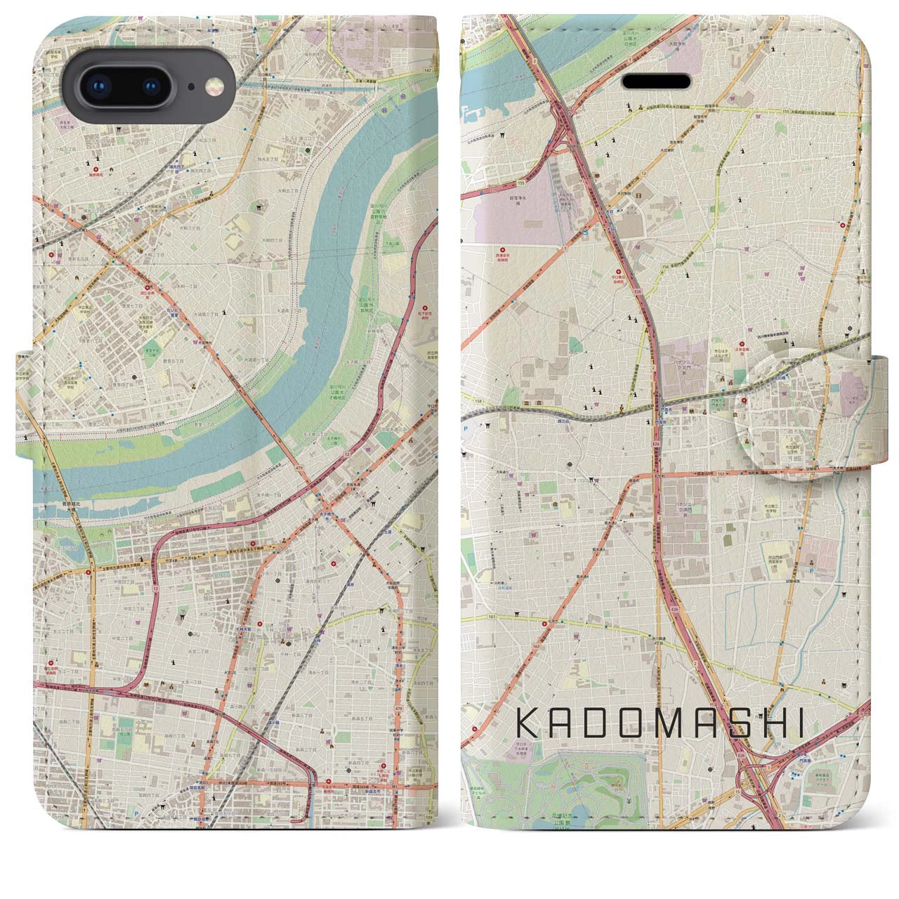 【門真市(大阪府)】地図柄iPhoneケース(手帳タイプ)ナチュラル・iPhone 8Plus /7Plus / 6sPlus / 6Plus 用