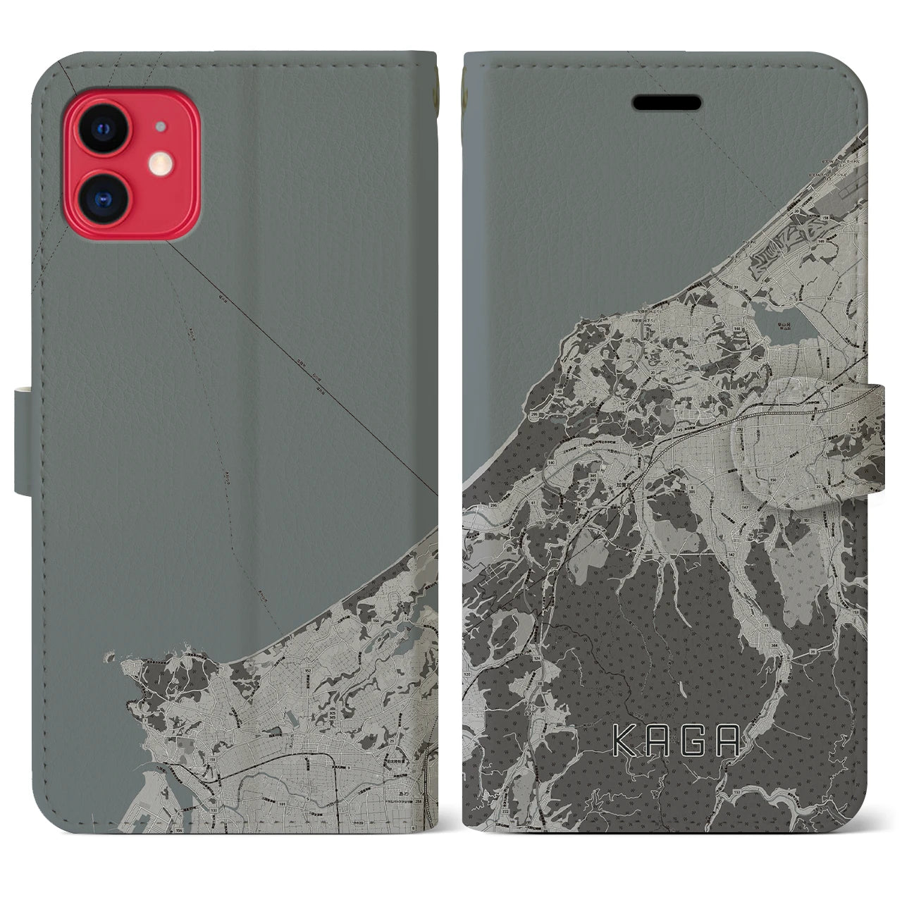 【加賀(石川県)】地図柄iPhoneケース(手帳タイプ)モノトーン・iPhone 11 用
