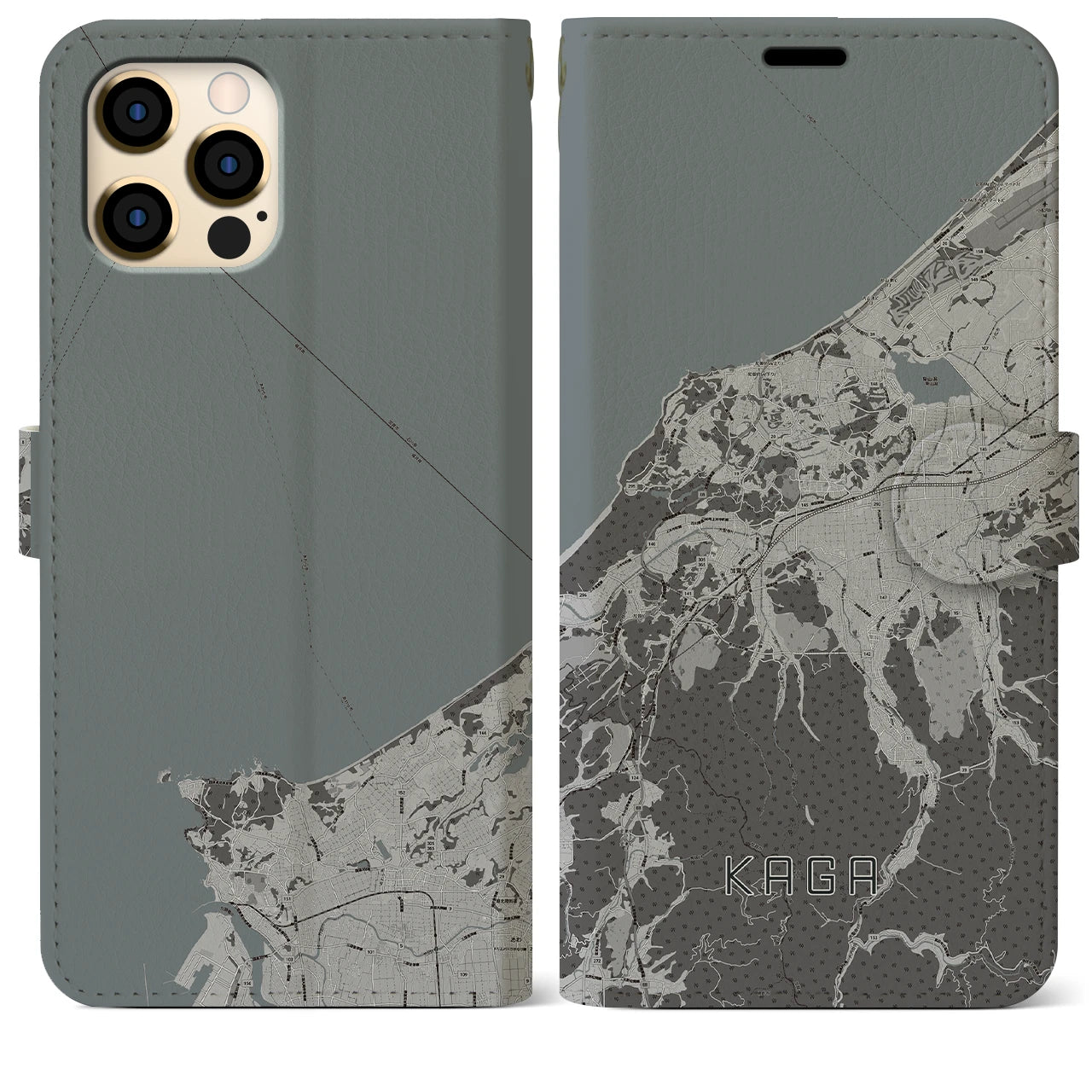 【加賀(石川県)】地図柄iPhoneケース(手帳タイプ)モノトーン・iPhone 12 Pro Max 用