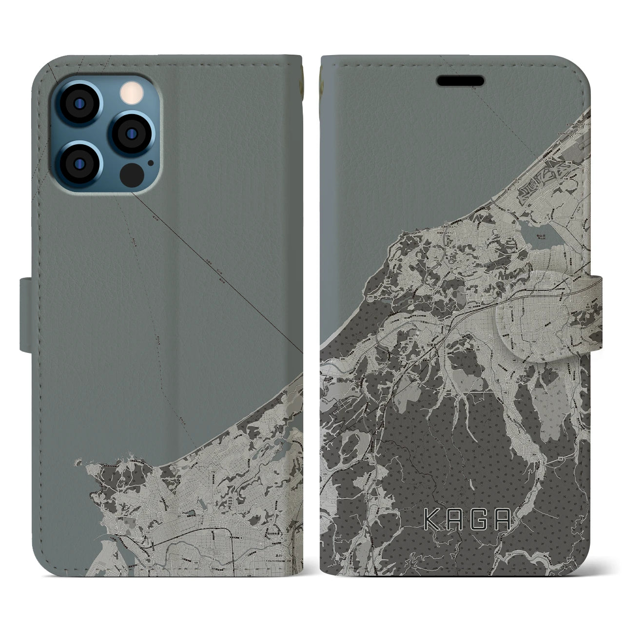 【加賀(石川県)】地図柄iPhoneケース(手帳タイプ)モノトーン・iPhone 12 / 12 Pro 用