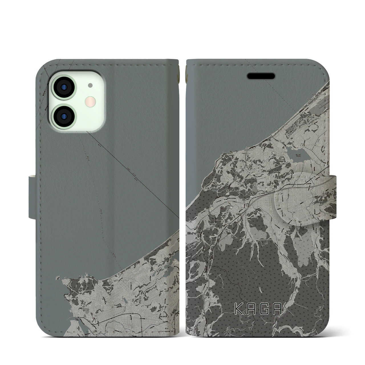 【加賀(石川県)】地図柄iPhoneケース(手帳タイプ)モノトーン・iPhone 12 mini 用