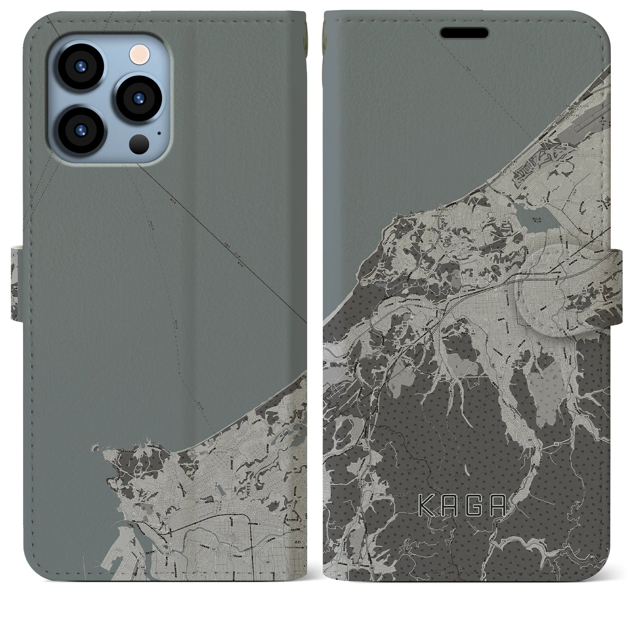 【加賀(石川県)】地図柄iPhoneケース(手帳タイプ)モノトーン・iPhone 13 Pro Max 用